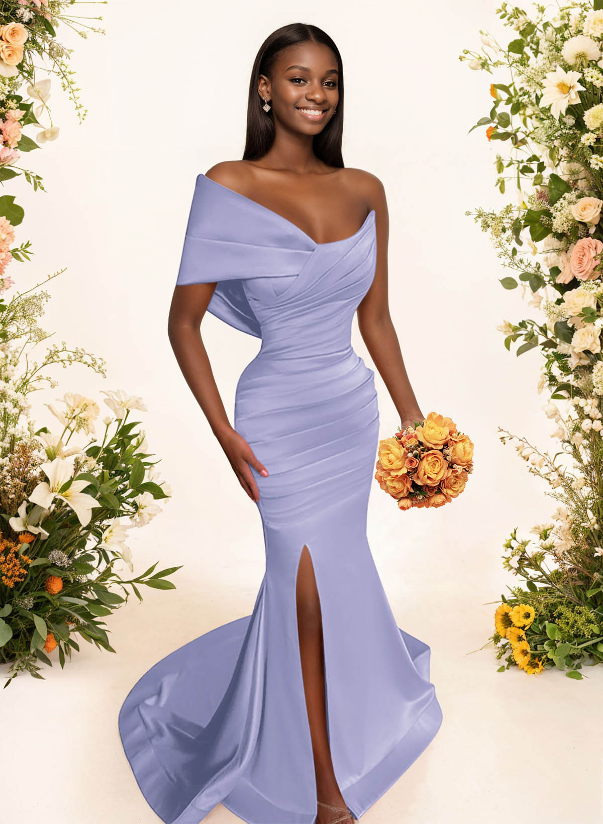 One-Shoulder Sleeveless Sweep Train Satin Bridesmaid Dresses With Split Front, product image 80