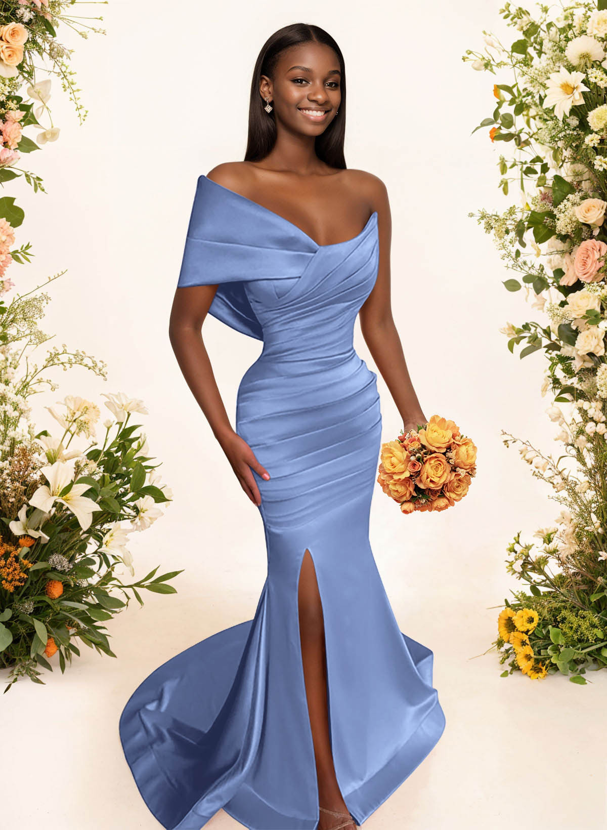 One-Shoulder Sleeveless Sweep Train Satin Bridesmaid Dresses With Split Front, product image 28