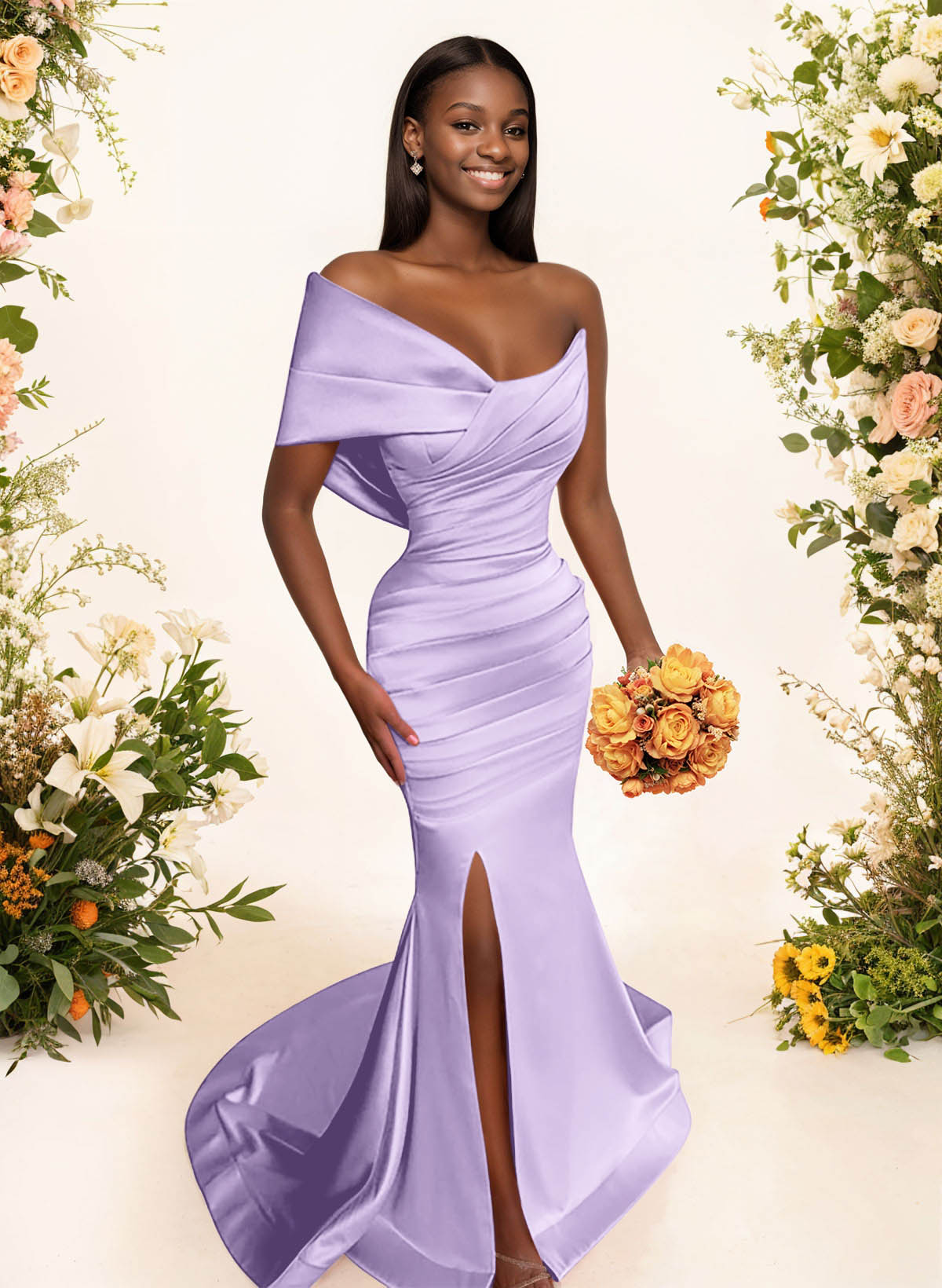 One-Shoulder Sleeveless Sweep Train Satin Bridesmaid Dresses With Split Front, product image 78
