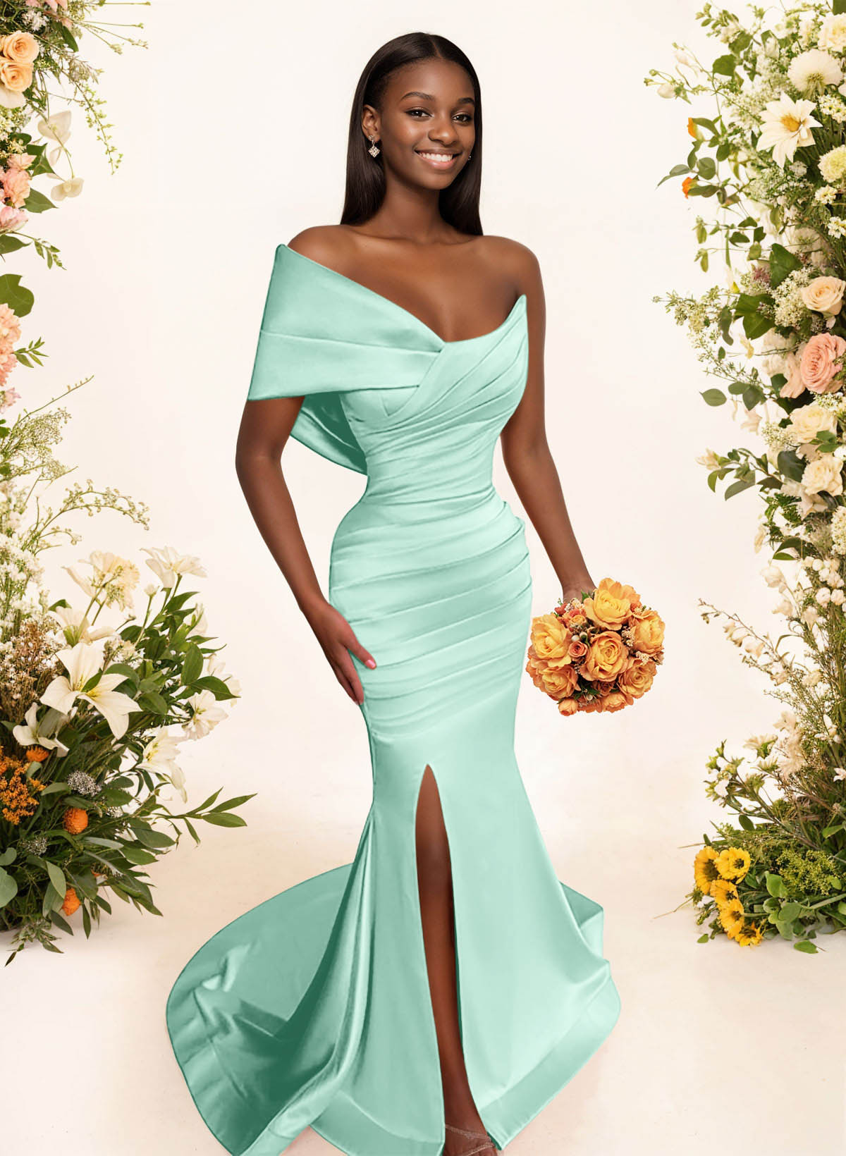 One-Shoulder Sleeveless Sweep Train Satin Bridesmaid Dresses With Split Front, product image 102