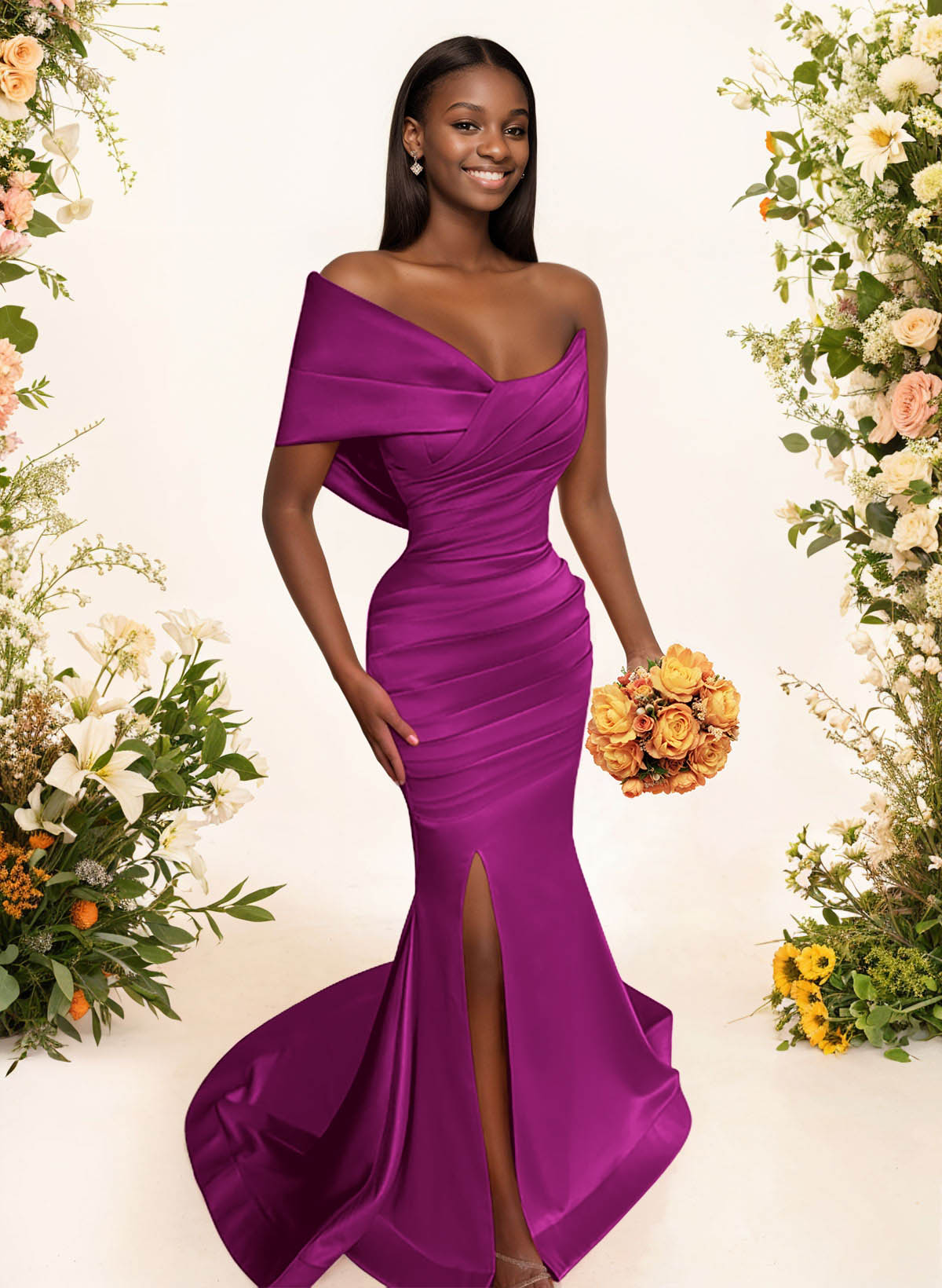 One-Shoulder Sleeveless Sweep Train Satin Bridesmaid Dresses With Split Front, product image 62