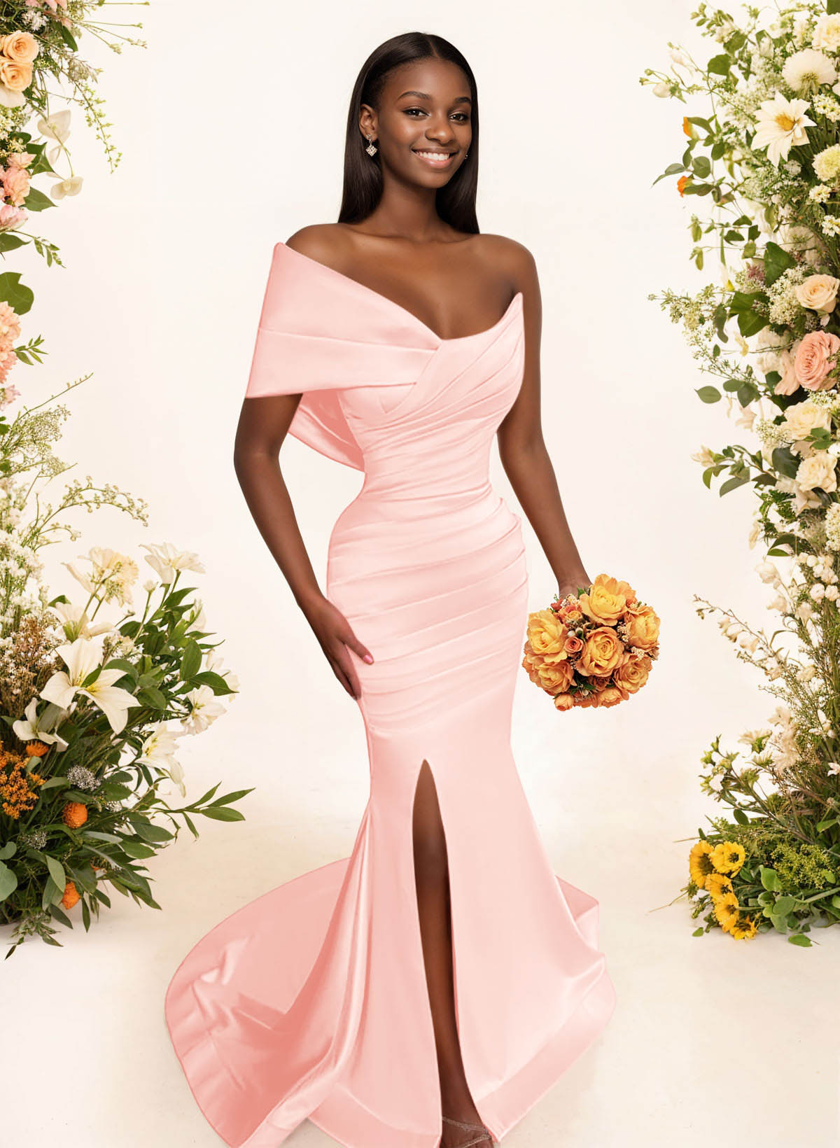 One-Shoulder Sleeveless Sweep Train Satin Bridesmaid Dresses With Split Front, product image 36