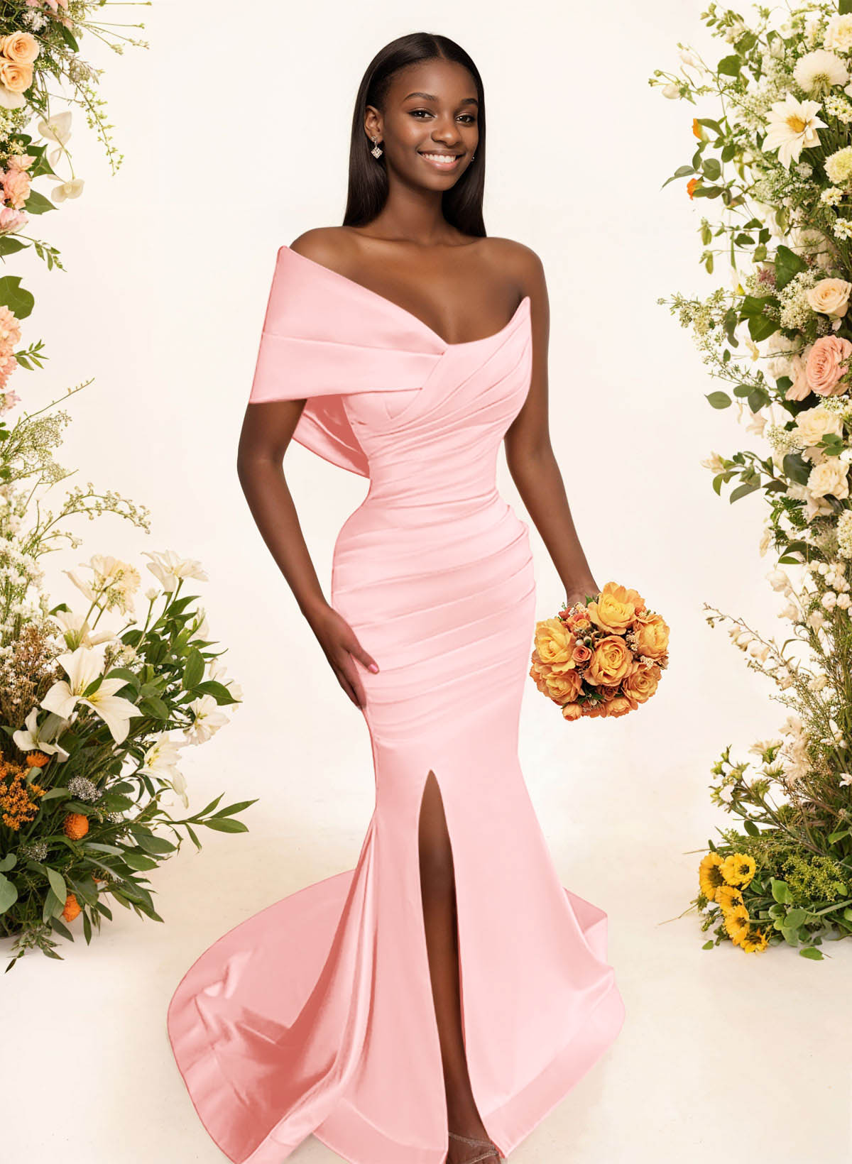 One-Shoulder Sleeveless Sweep Train Satin Bridesmaid Dresses With Split Front, product image 40