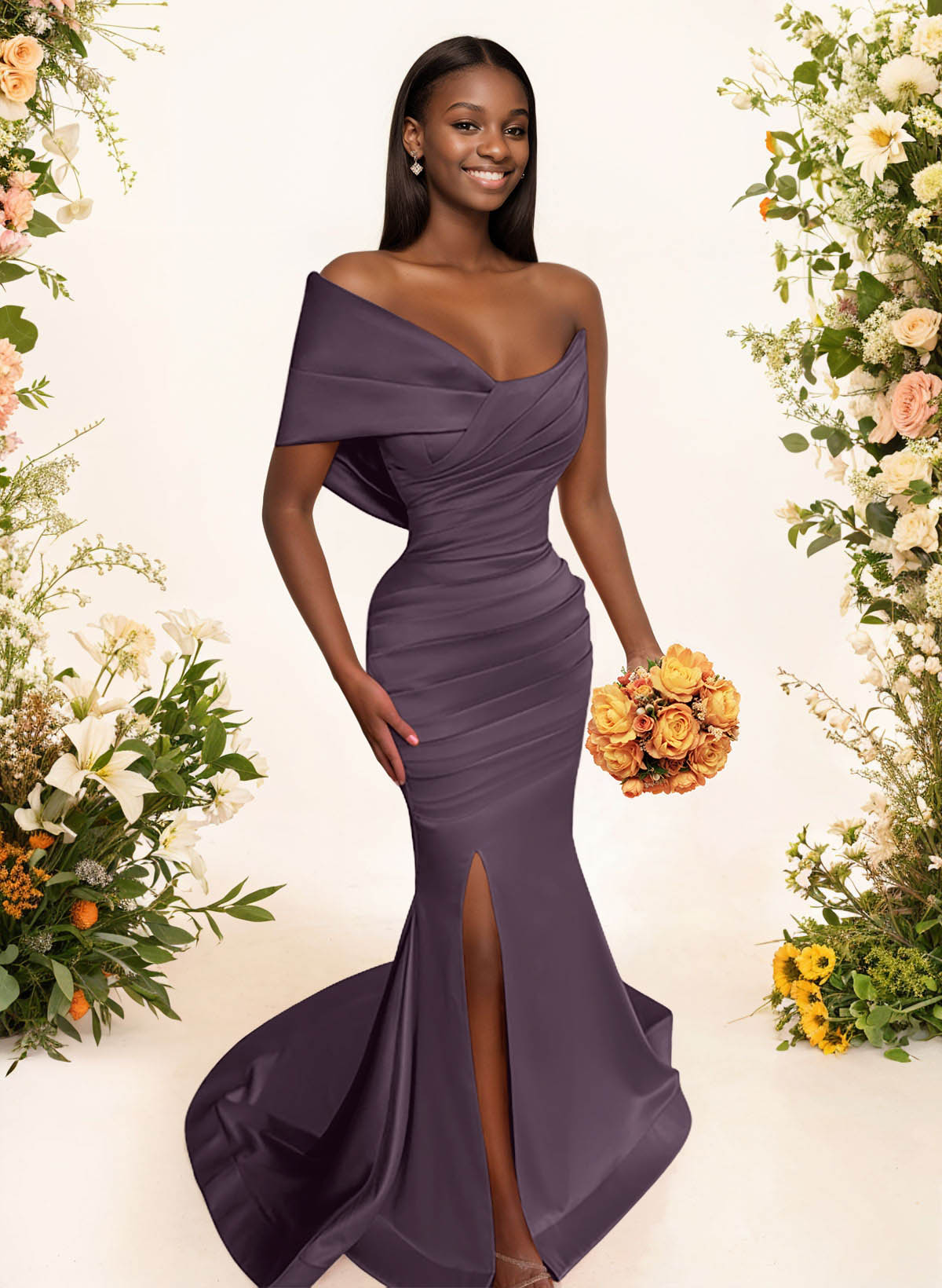 One-Shoulder Sleeveless Sweep Train Satin Bridesmaid Dresses With Split Front, product image 82