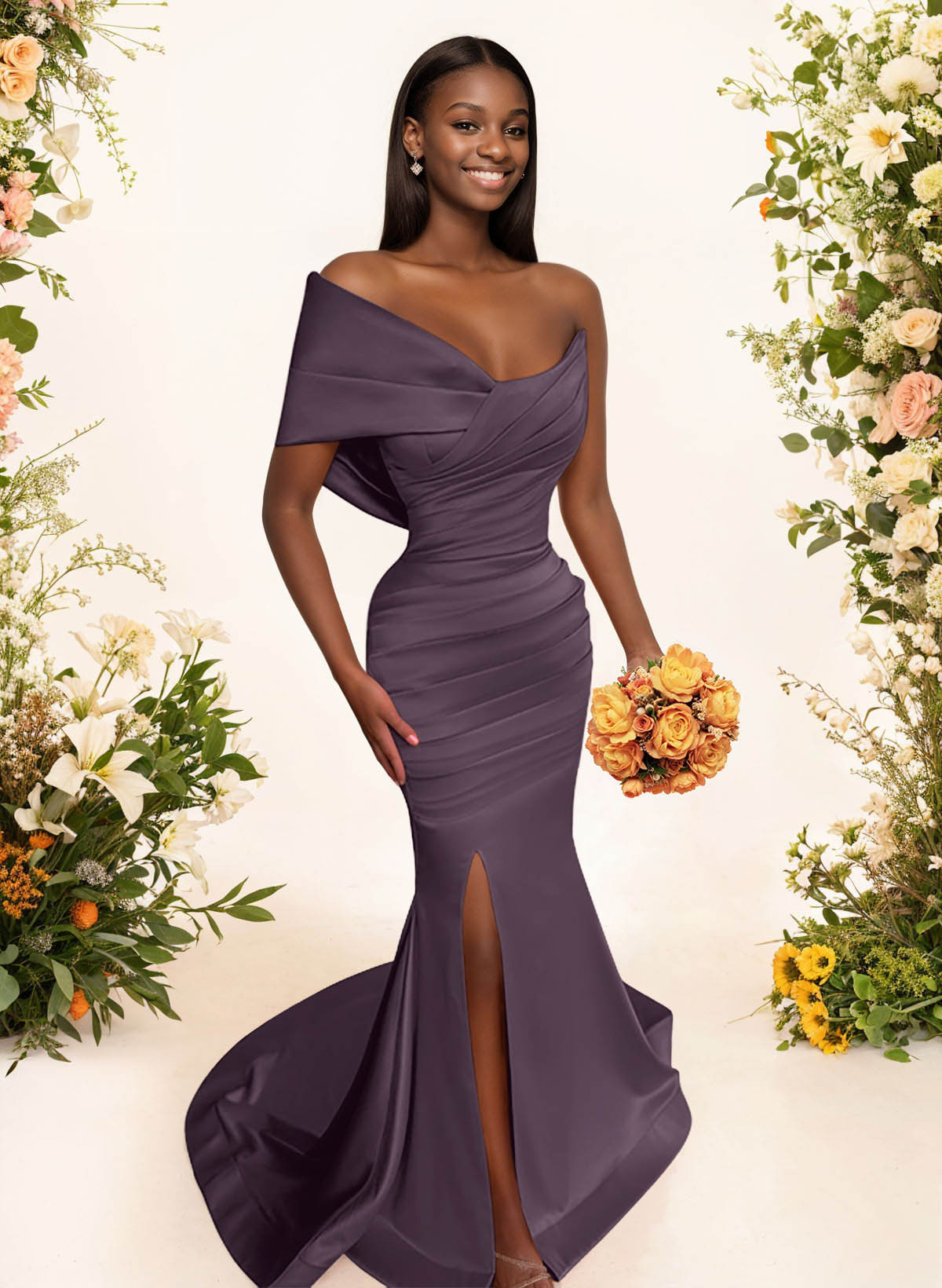 One-Shoulder Sleeveless Sweep Train Satin Bridesmaid Dresses With Split Front, product image 82