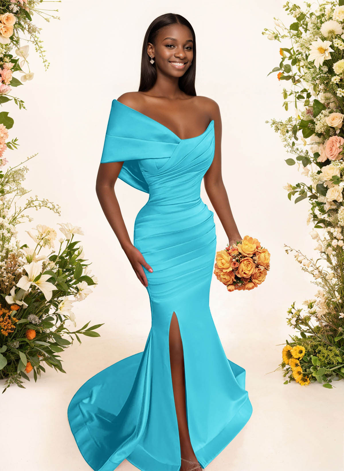 One-Shoulder Sleeveless Sweep Train Satin Bridesmaid Dresses With Split Front, product image 24