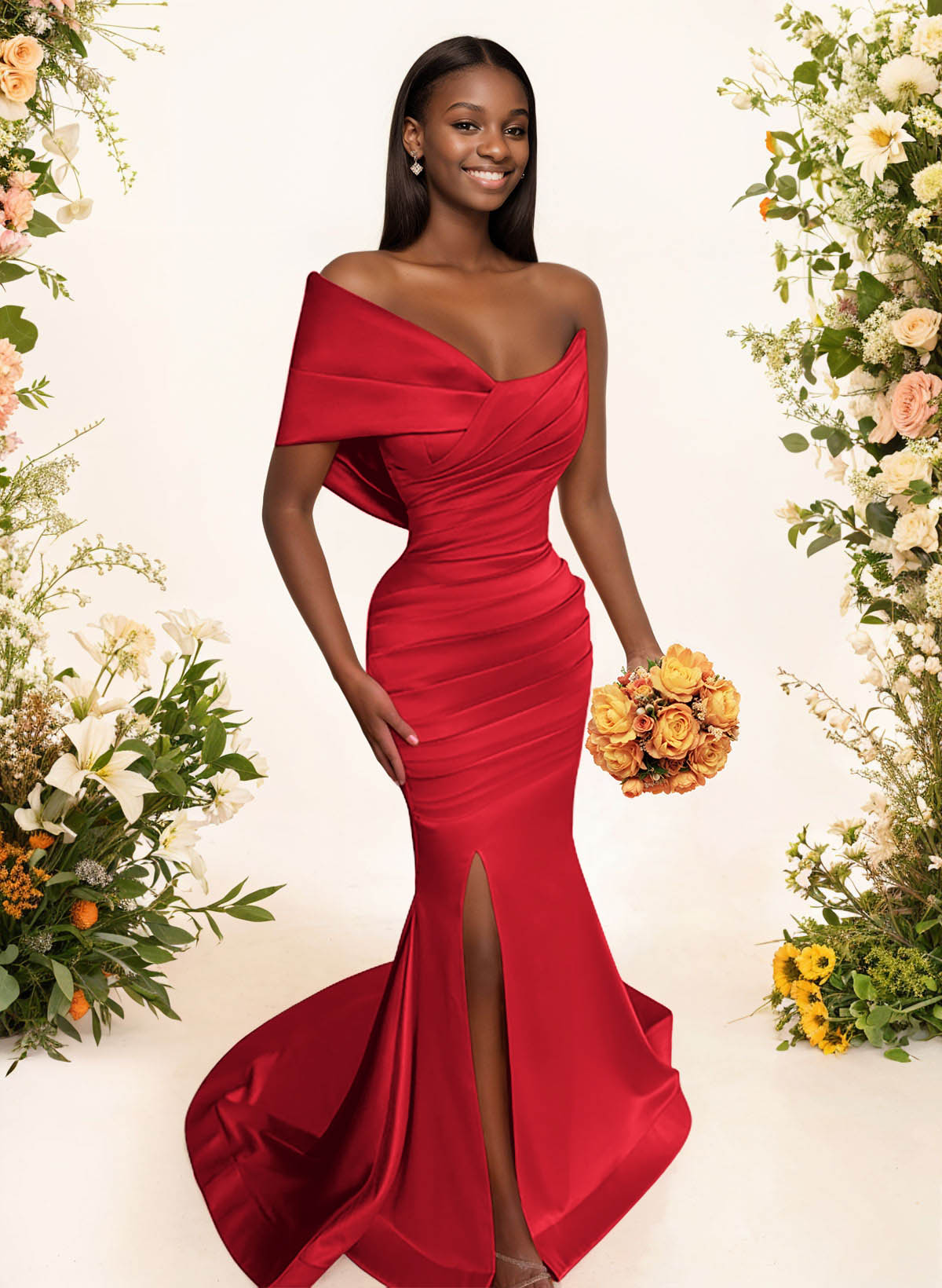 One-Shoulder Sleeveless Sweep Train Satin Bridesmaid Dresses With Split Front, product image 48