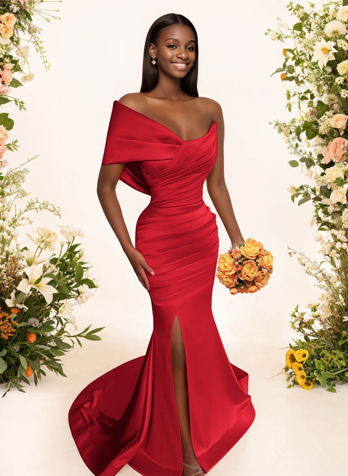 One-Shoulder Sleeveless Sweep Train Satin Bridesmaid Dresses With Split Front, product image 48