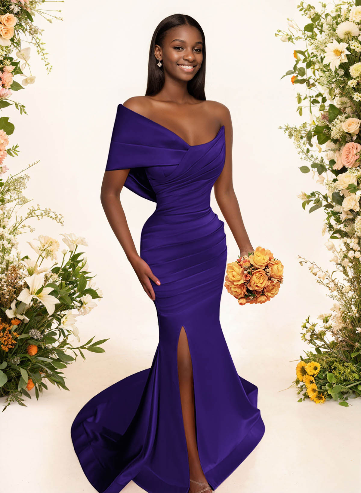 One-Shoulder Sleeveless Sweep Train Satin Bridesmaid Dresses With Split Front, product image 64