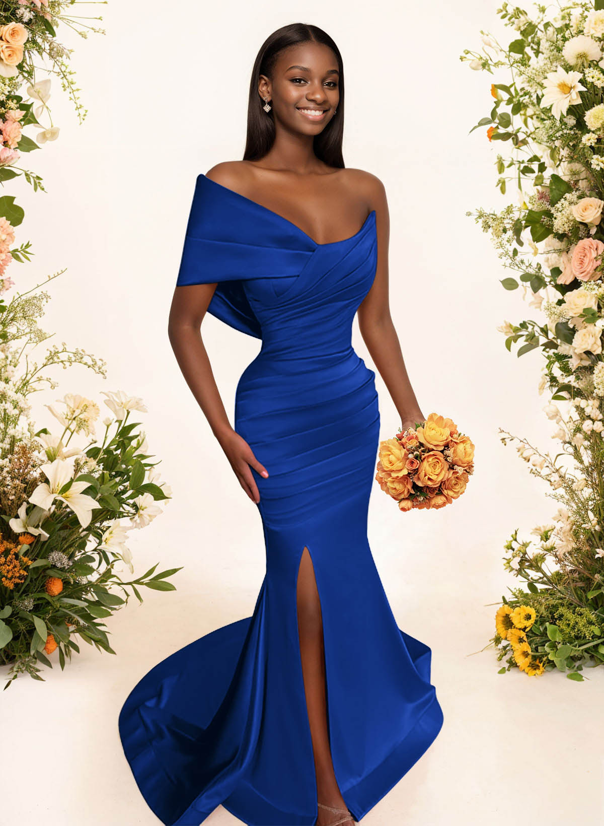 One-Shoulder Sleeveless Sweep Train Satin Bridesmaid Dresses With Split Front, product image 12
