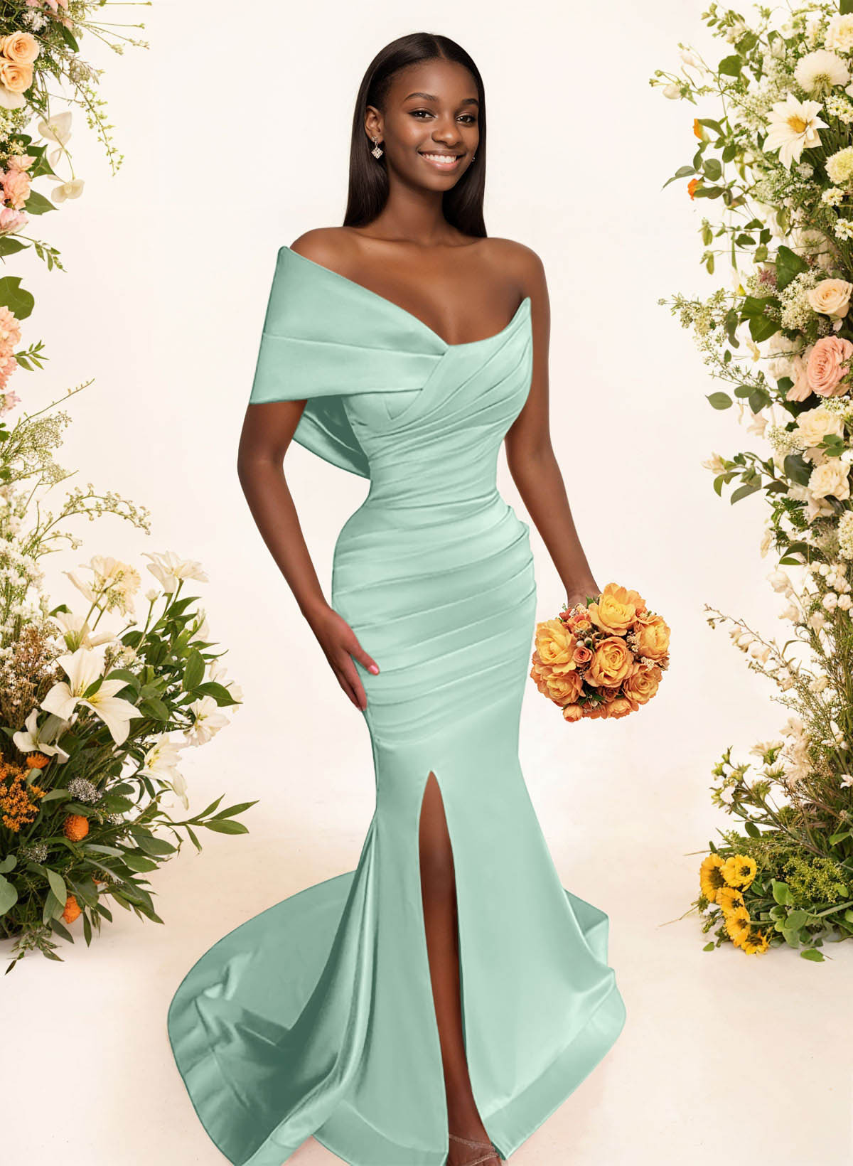 One-Shoulder Sleeveless Sweep Train Satin Bridesmaid Dresses With Split Front, product image 88