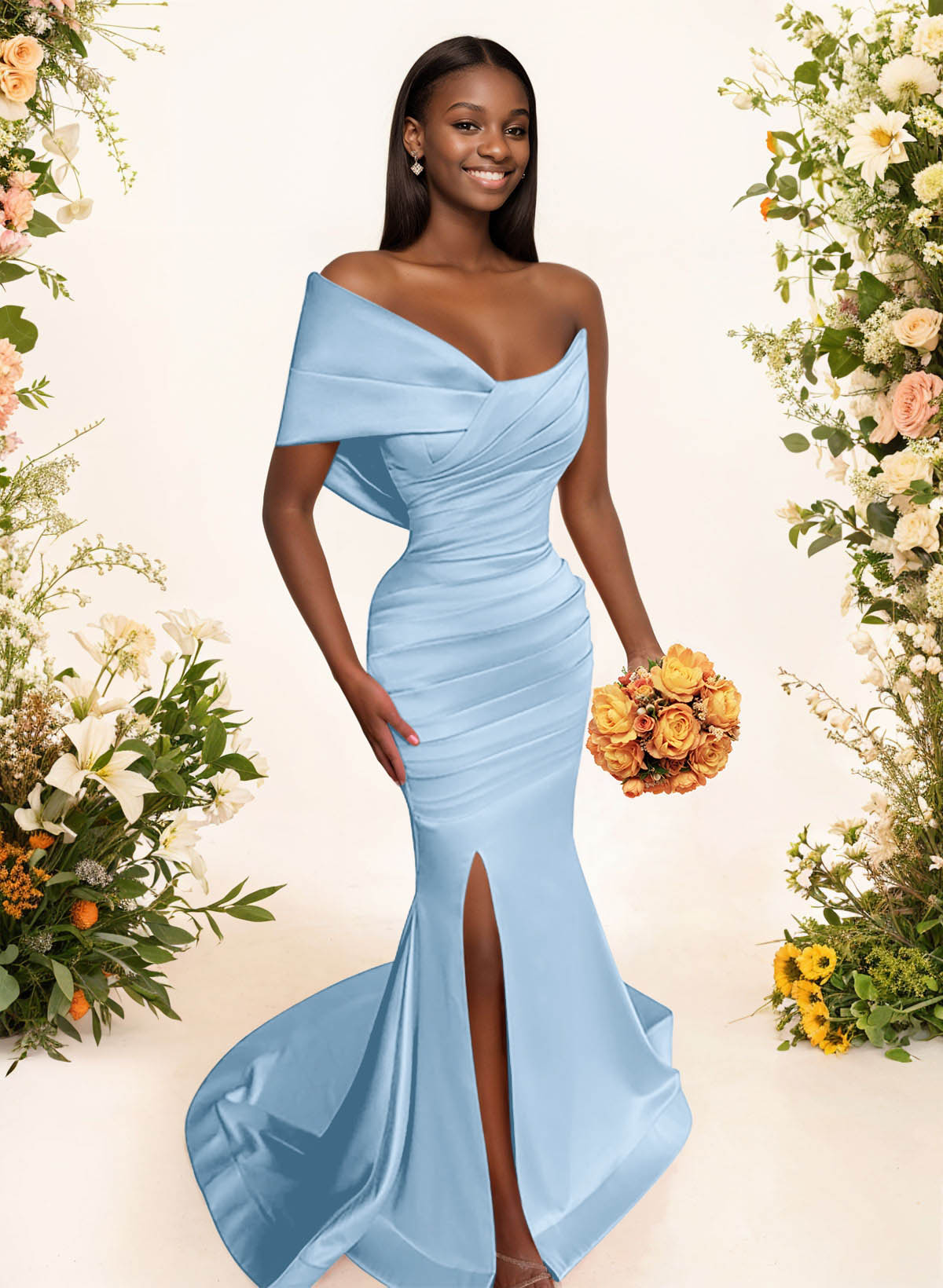 One-Shoulder Sleeveless Sweep Train Satin Bridesmaid Dresses With Split Front, product image 20