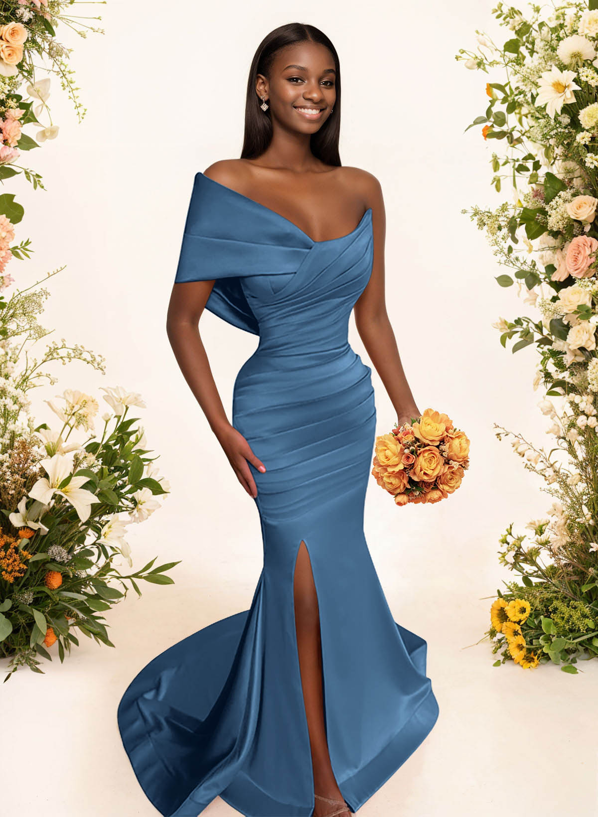 One-Shoulder Sleeveless Sweep Train Satin Bridesmaid Dresses With Split Front, product image 14