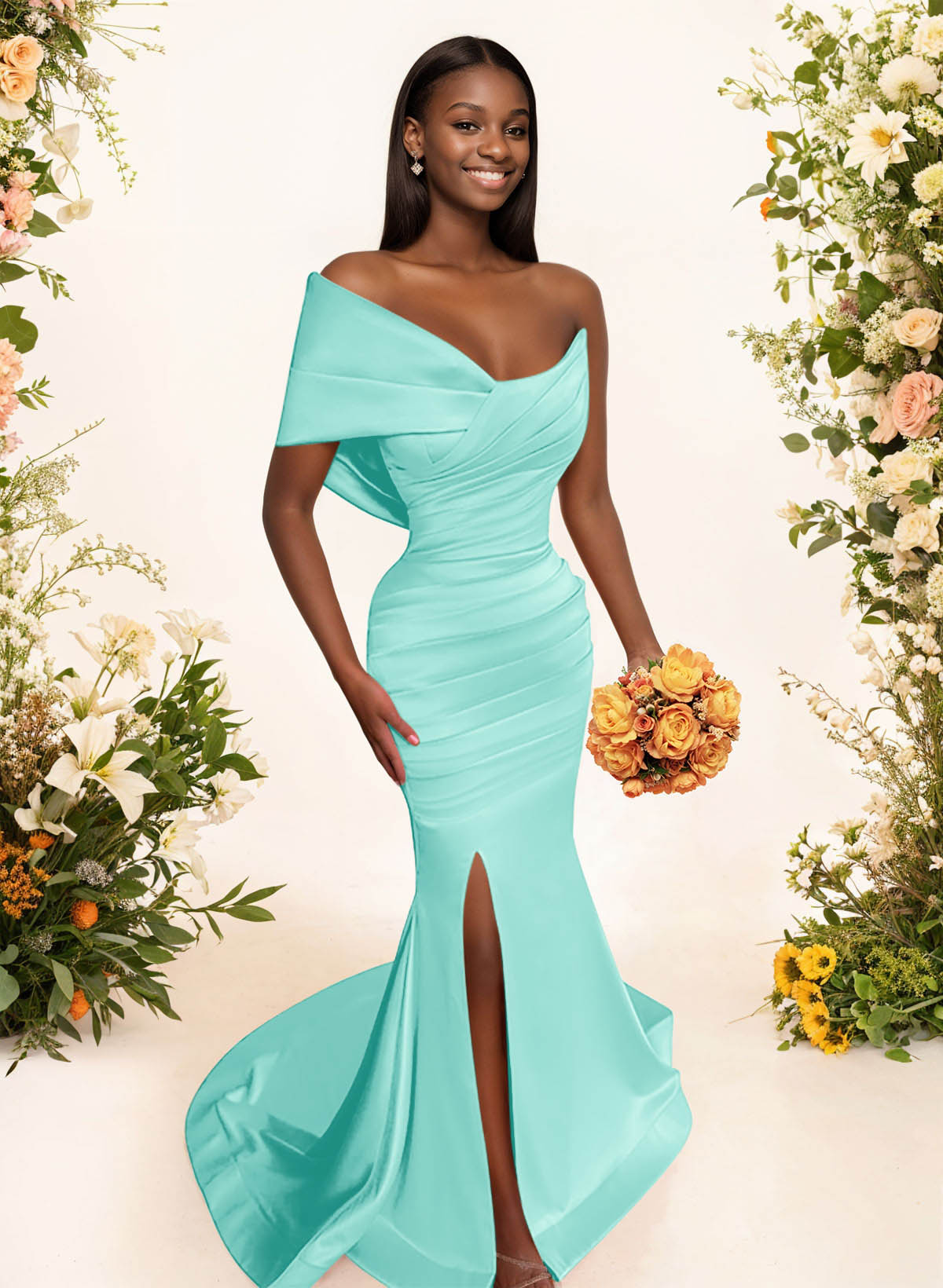 One-Shoulder Sleeveless Sweep Train Satin Bridesmaid Dresses With Split Front, product image 106