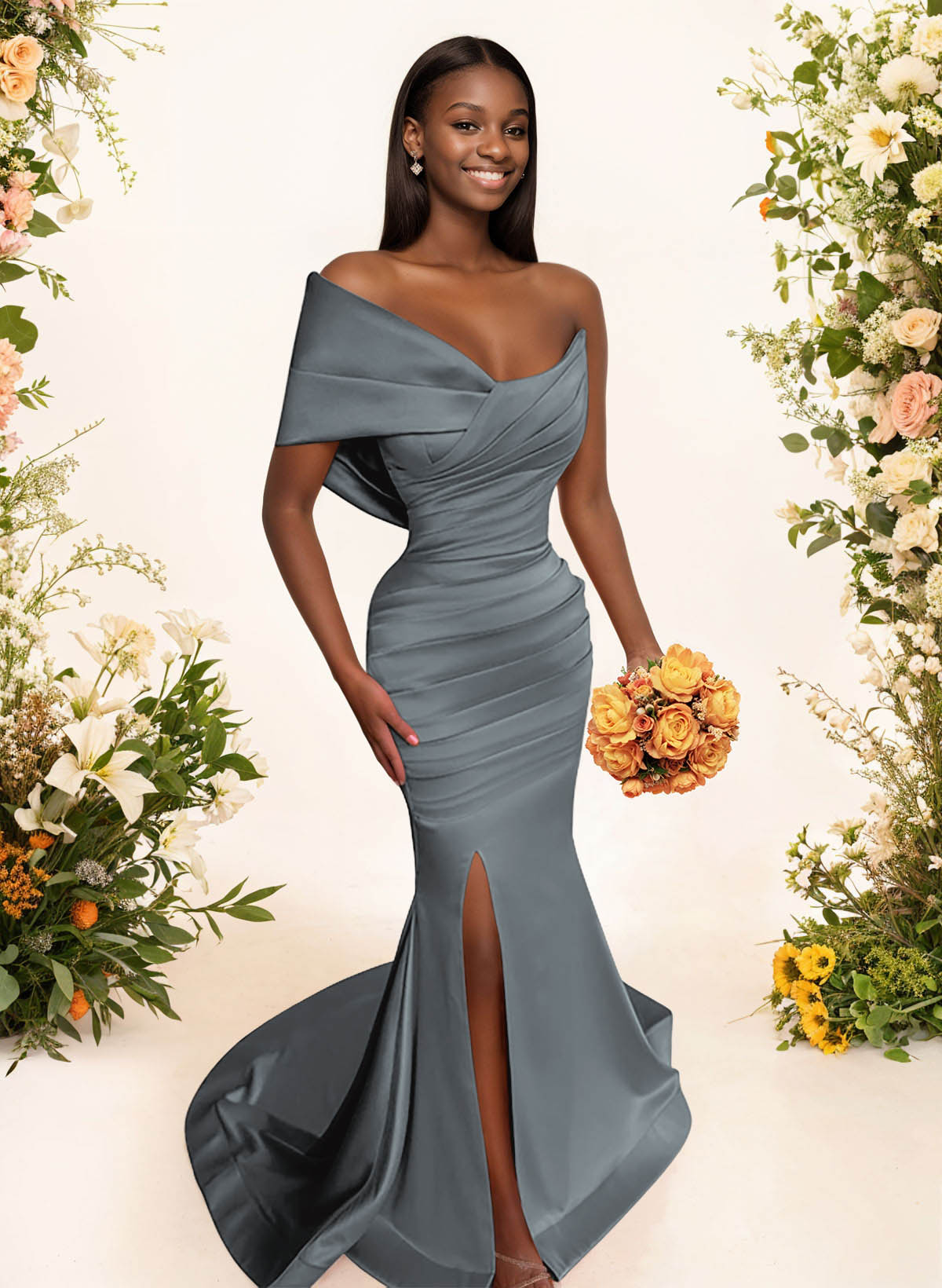One-Shoulder Sleeveless Sweep Train Satin Bridesmaid Dresses With Split Front, product image 130