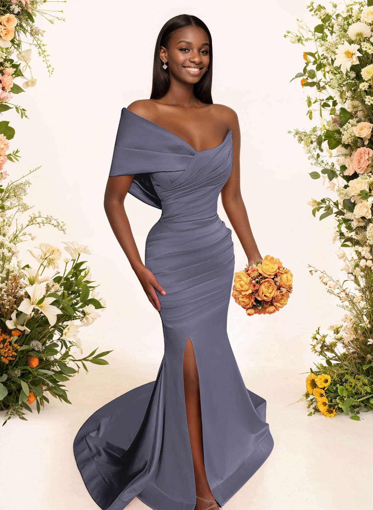 One-Shoulder Sleeveless Sweep Train Satin Bridesmaid Dresses With Split Front, product image 16