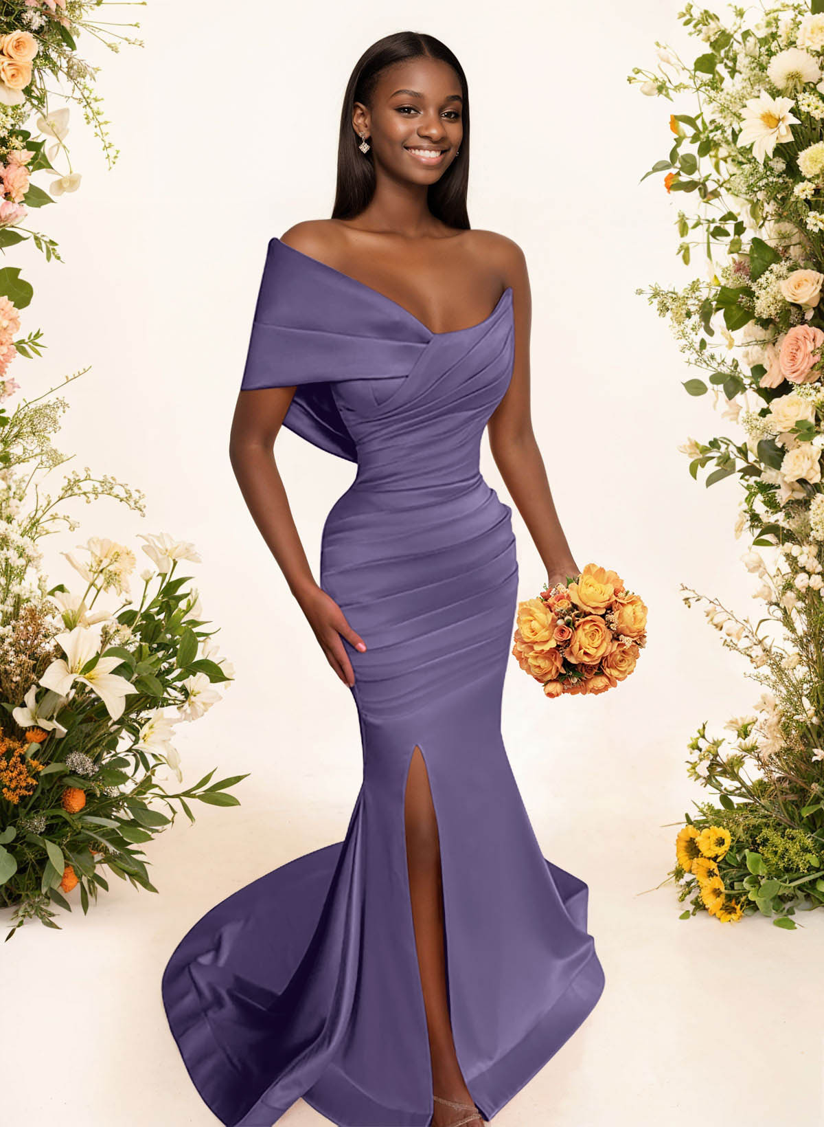 One-Shoulder Sleeveless Sweep Train Satin Bridesmaid Dresses With Split Front, product image 70