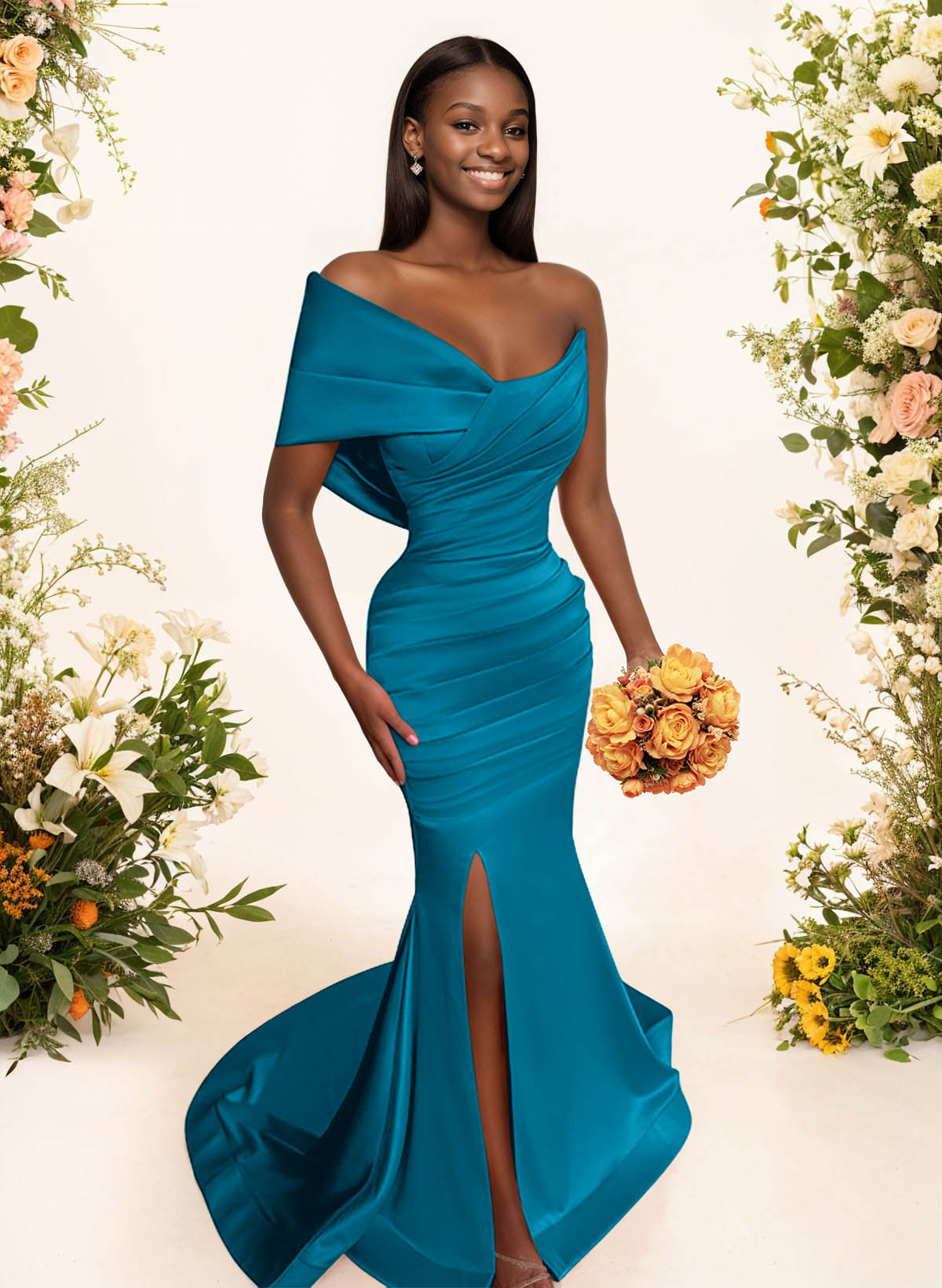 One-Shoulder Sleeveless Sweep Train Satin Bridesmaid Dresses With Split Front, product image 136