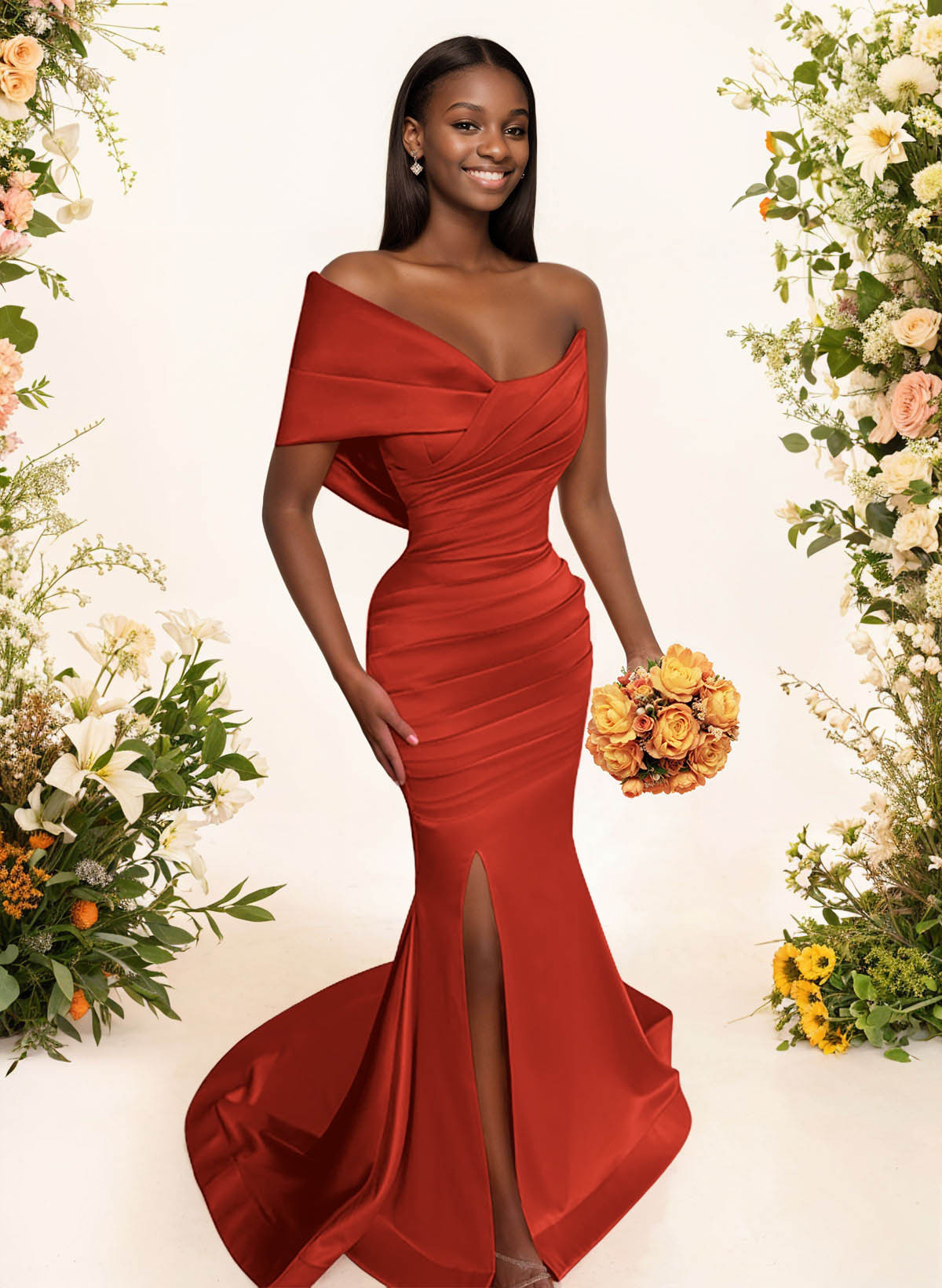 One-Shoulder Sleeveless Sweep Train Satin Bridesmaid Dresses With Split Front, product image 58