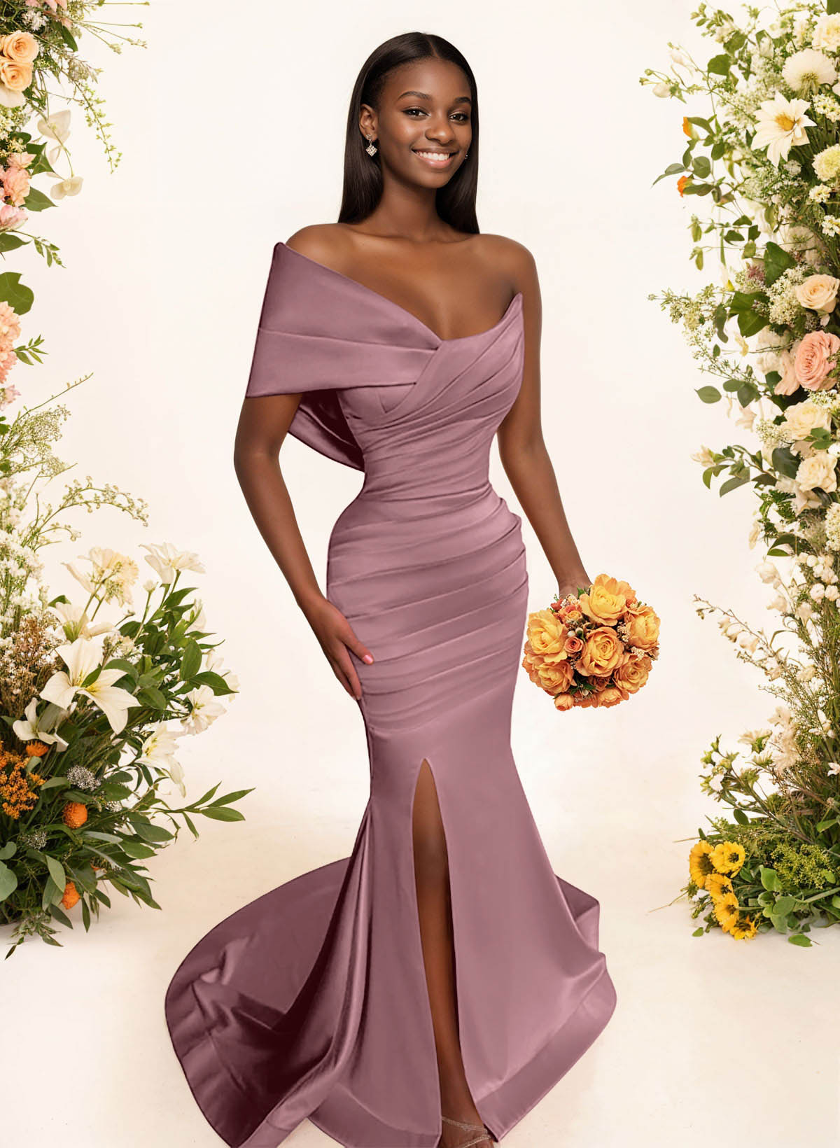 One-Shoulder Sleeveless Sweep Train Satin Bridesmaid Dresses With Split Front, product image 74