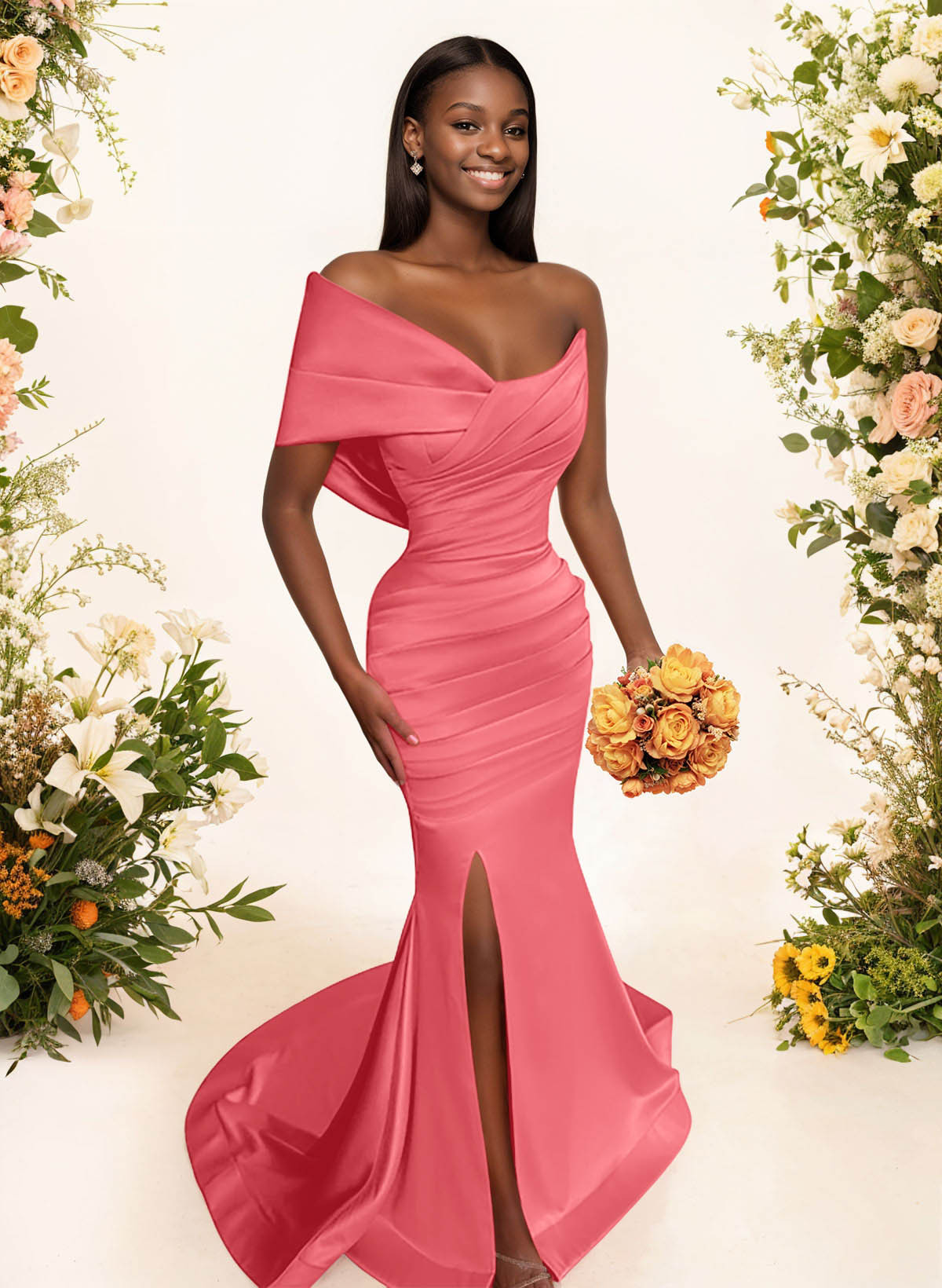 One-Shoulder Sleeveless Sweep Train Satin Bridesmaid Dresses With Split Front, product image 60