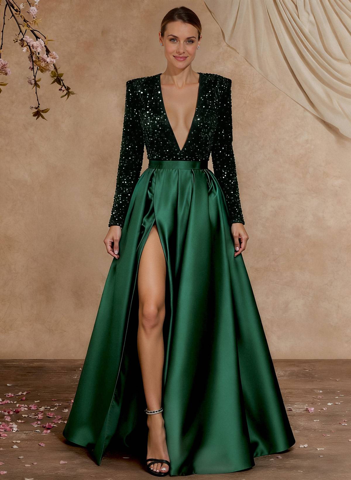 A-Line V-Neck Long Sleeves Floor-Length Satin Velvet Sequin Mother Of The Bride Dresses
