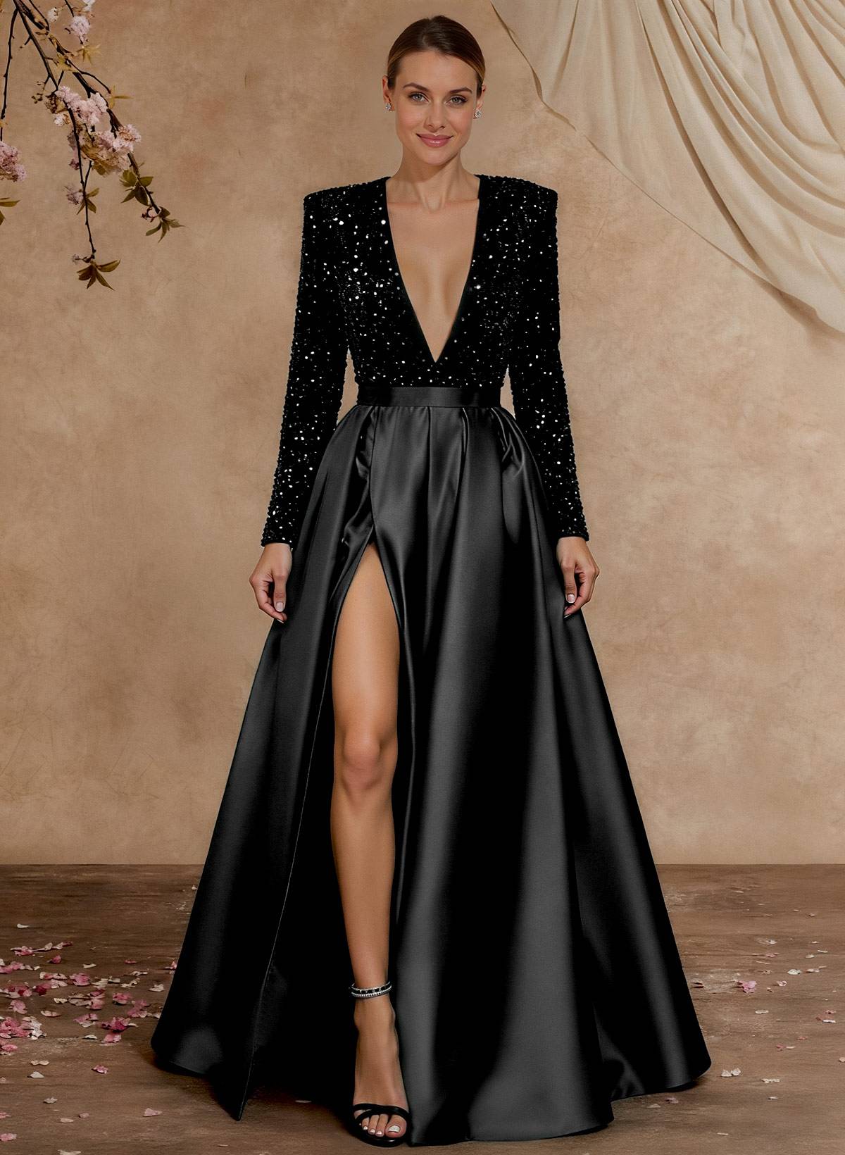 A-Line V-Neck Long Sleeves Floor-Length Satin Velvet Sequin Mother Of The Bride Dresses