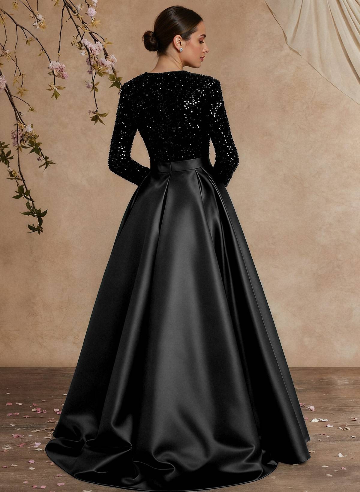 A-Line V-Neck Long Sleeves Floor-Length Satin Velvet Sequin Mother Of The Bride Dresses