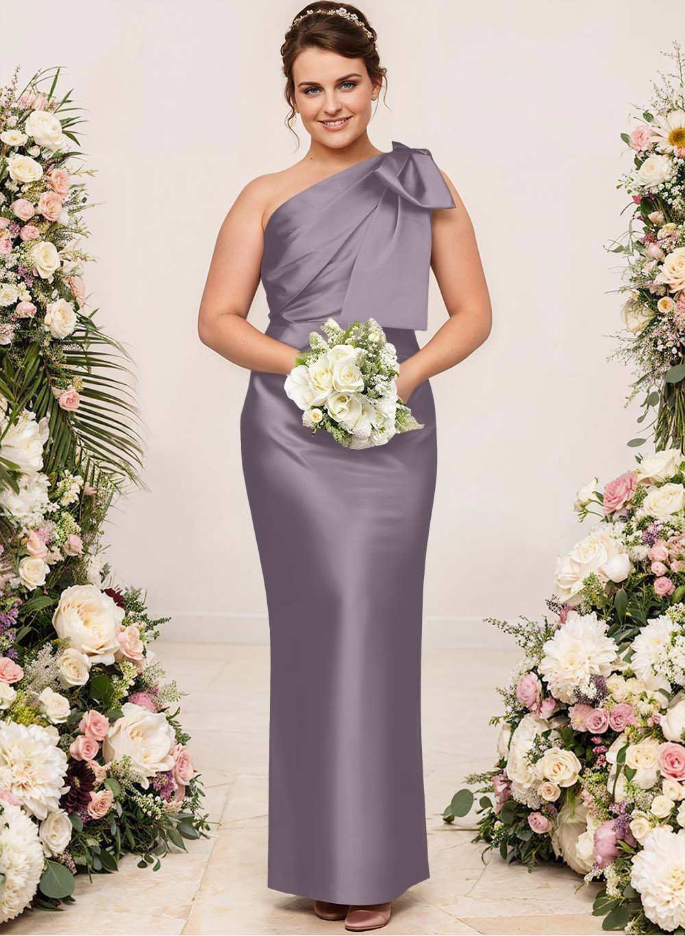 Sheath/Column One-Shoulder Satin Bridesmaid Dresses With Bow(s), product image 201