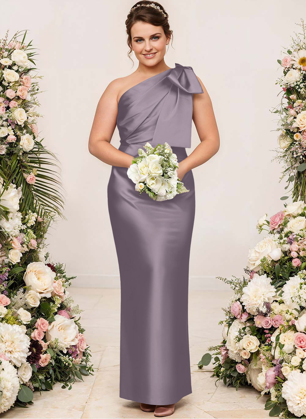 Sheath/Column One-Shoulder Satin Bridesmaid Dresses With Bow(s), product image 201