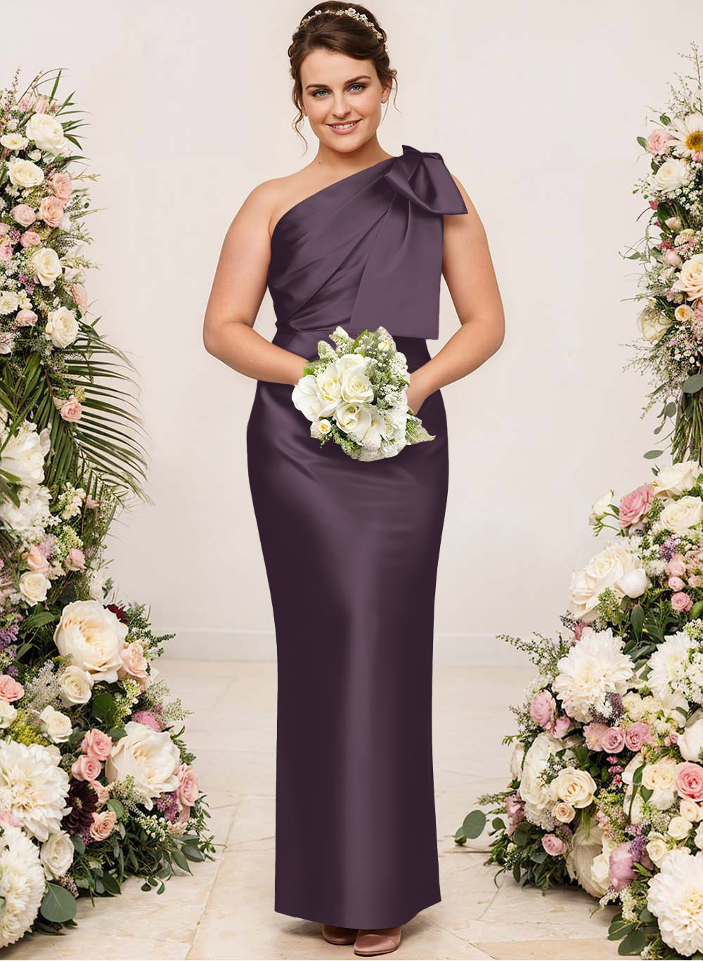 Sheath/Column One-Shoulder Satin Bridesmaid Dresses With Bow(s), product image 215