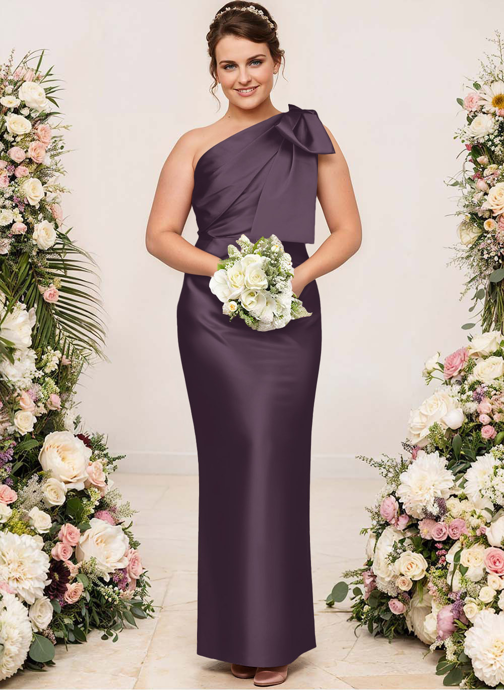 Sheath/Column One-Shoulder Satin Bridesmaid Dresses With Bow(s), product image 215