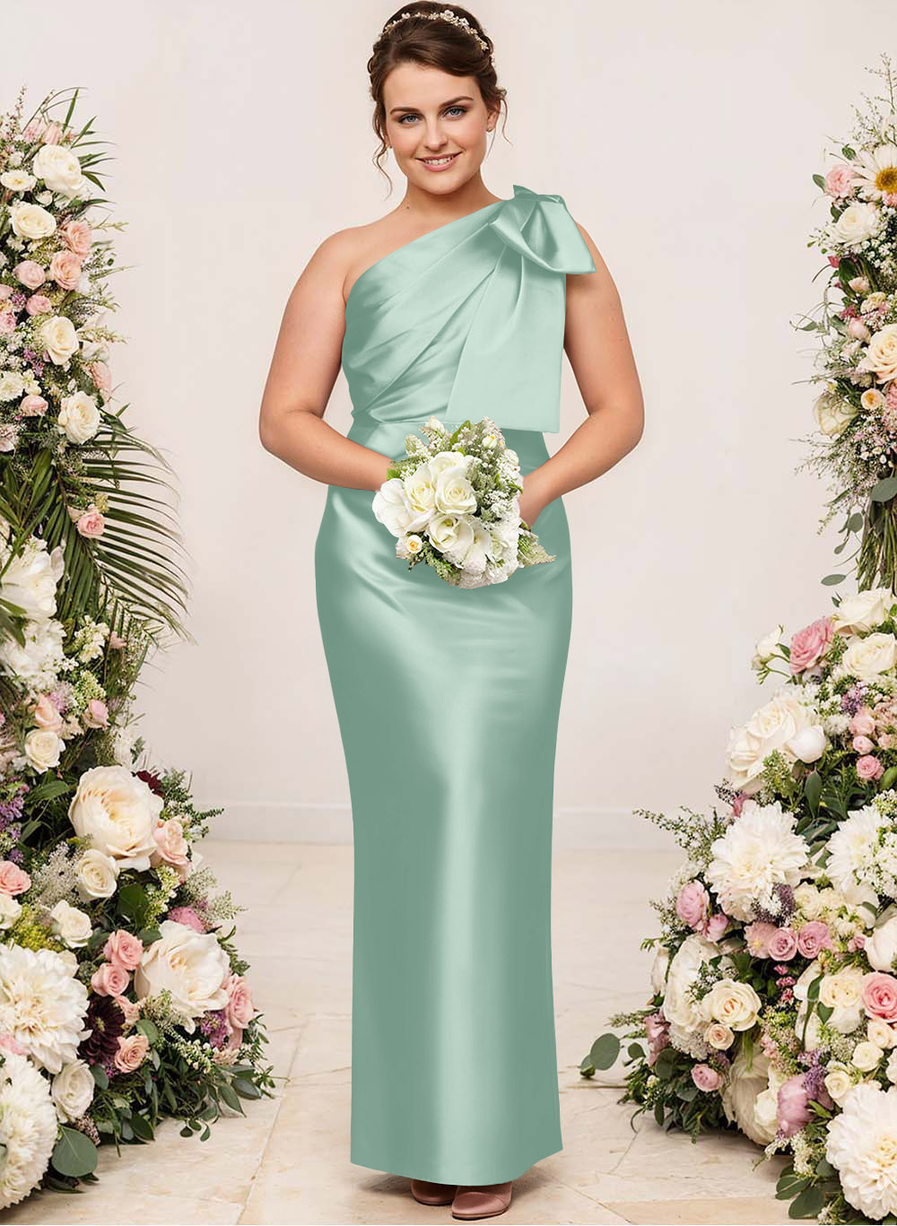 Sheath/Column One-Shoulder Satin Bridesmaid Dresses With Bow(s), product image 221