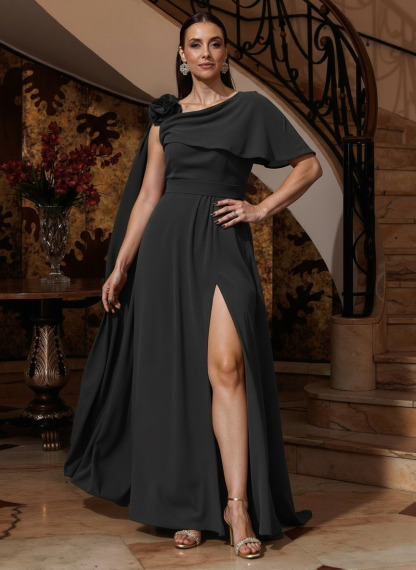 A-Line One-Shoulder Cape Sleeves Floor-Length Stretch Satin Mother Of The Bride Dresses, product image 3