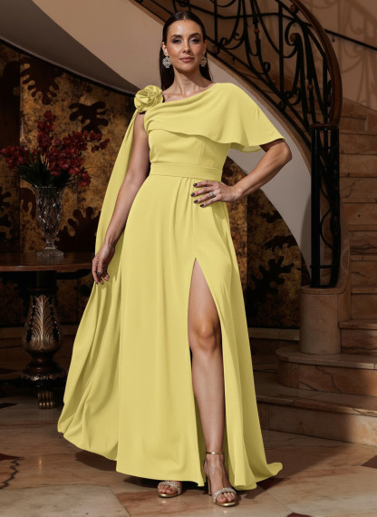 A-Line One-Shoulder Cape Sleeves Floor-Length Stretch Satin Mother Of The Bride Dresses, product image 20