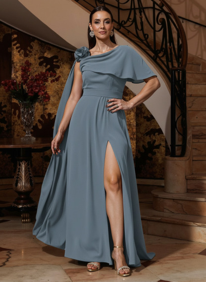 A-Line One-Shoulder Cape Sleeves Floor-Length Stretch Satin Mother Of The Bride Dresses, product image 6
