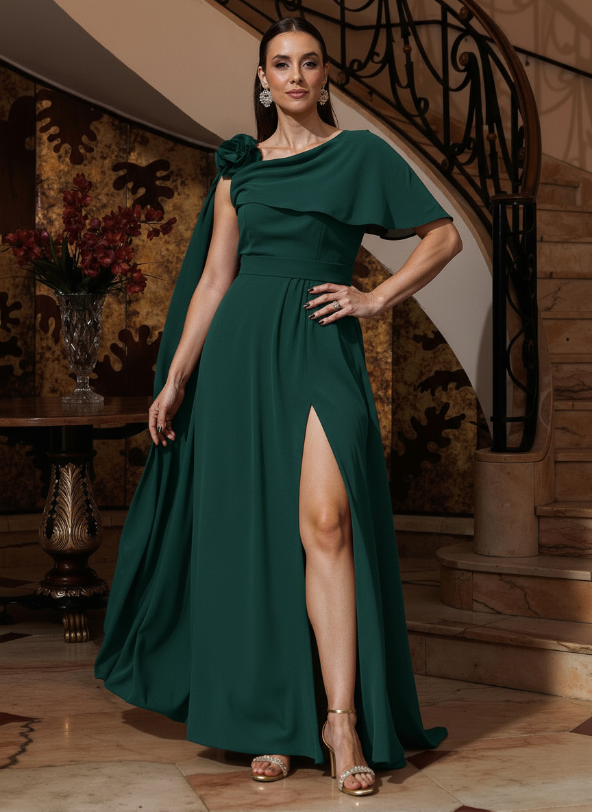 A-Line One-Shoulder Cape Sleeves Floor-Length Stretch Satin Mother Of The Bride Dresses, product image 12