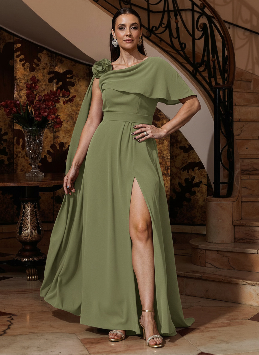 A-Line One-Shoulder Cape Sleeves Floor-Length Stretch Satin Mother Of The Bride Dresses, product image 11
