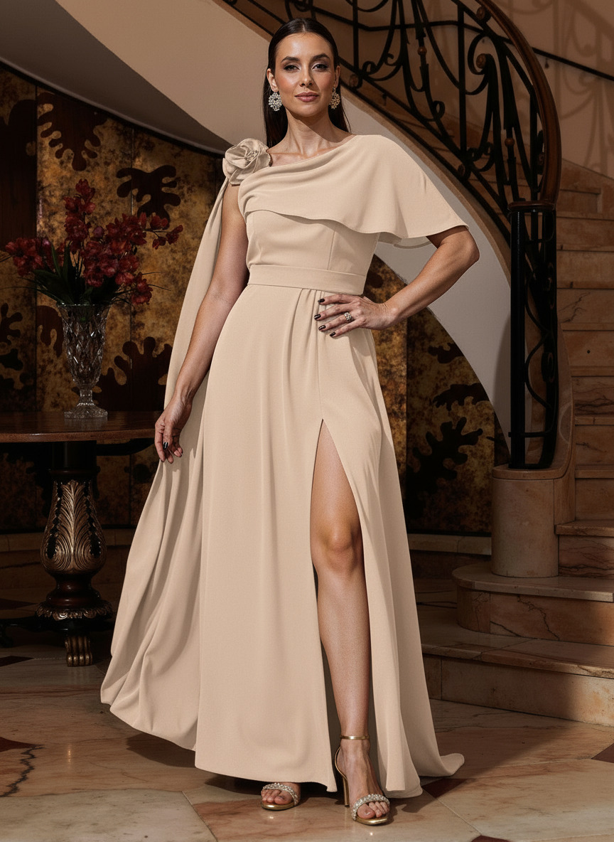 A-Line One-Shoulder Cape Sleeves Floor-Length Stretch Satin Mother Of The Bride Dresses, product image 22