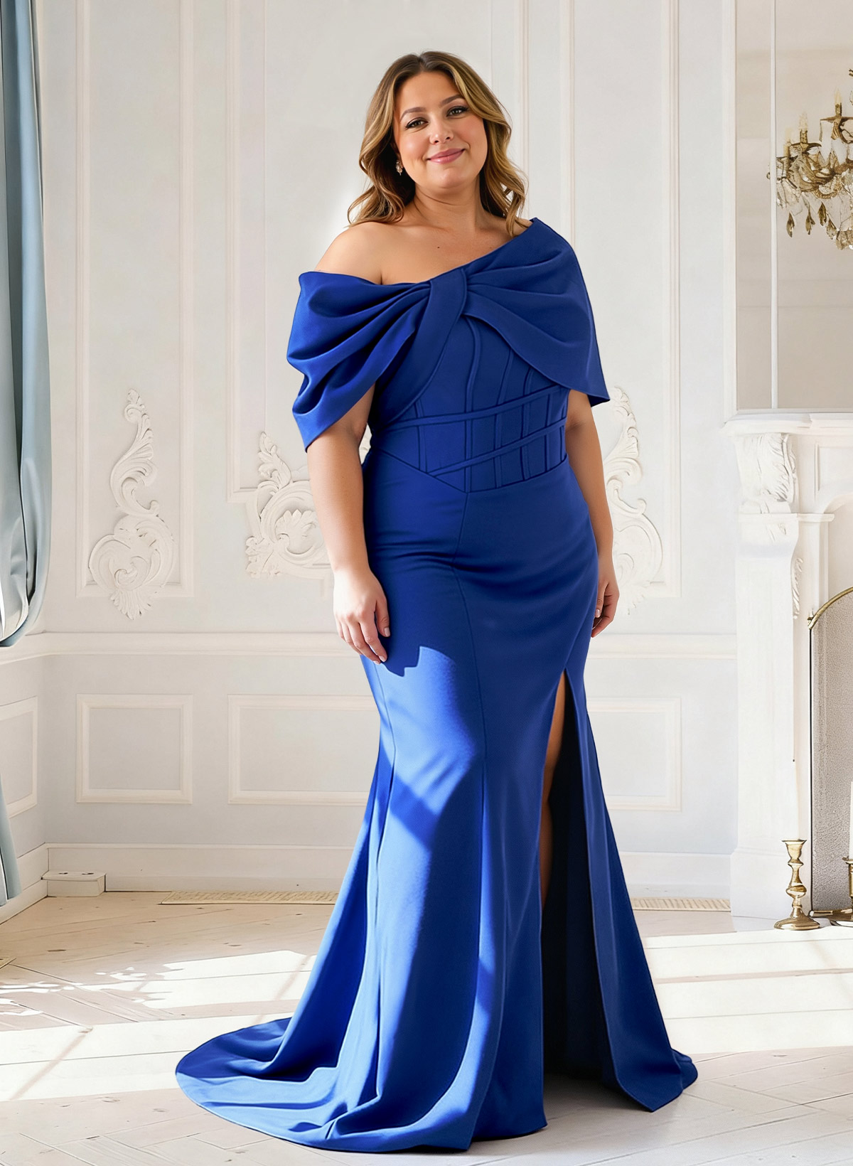 Sheath Column One-Shoulder Sleeveless Sweep Train Elastic Satin Mother Of The Bride Dresses, product image 2