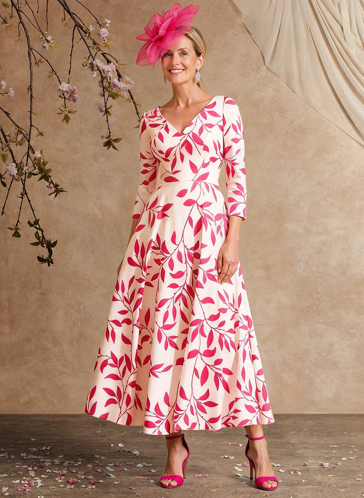 A-Line V-Neck 3/4 Sleeves Ankle-Length Satin Mother Of The Bride Dresses With Floral-Print