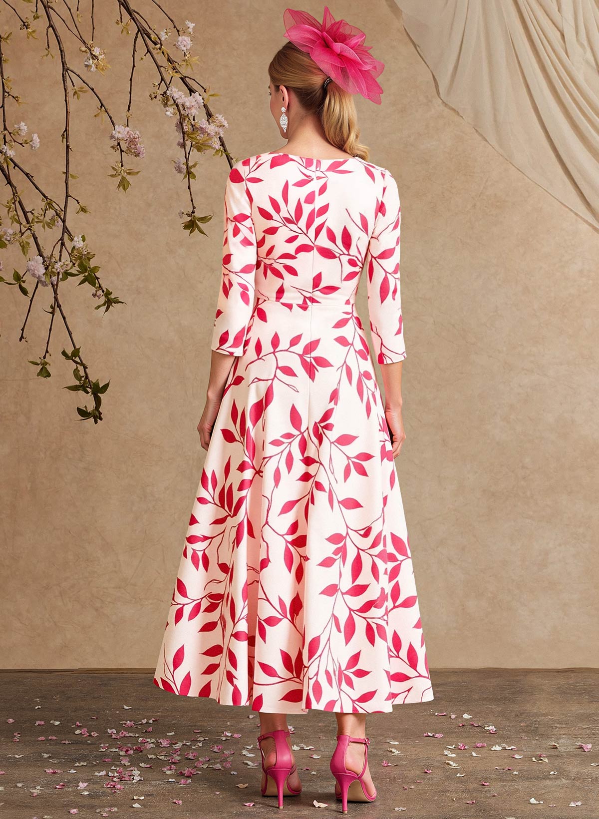A-Line V-Neck 3/4 Sleeves Ankle-Length Satin Mother Of The Bride Dresses With Floral-Print