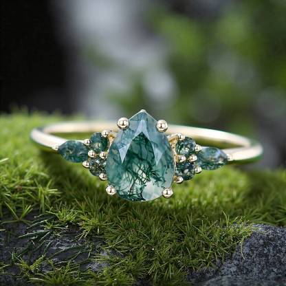 1CT Pear Cut Moss Agate Engagement Rings In Sterling Silver
