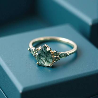1CT Pear Cut Moss Agate Engagement Rings In Sterling Silver