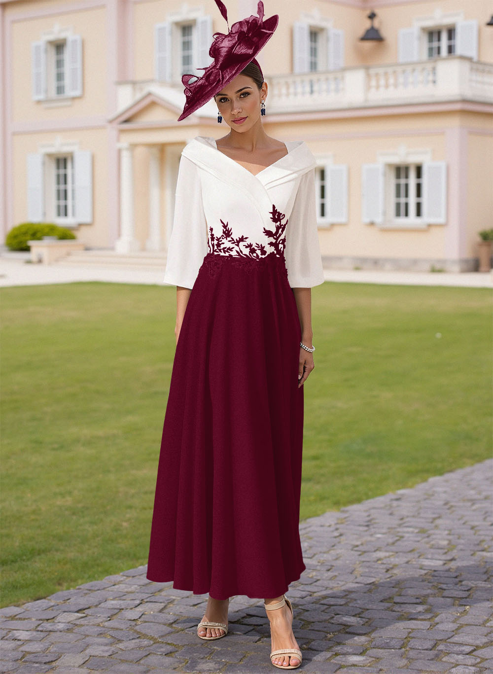 A-Line V-Neck 3/4 Sleeves Chiffon Mother Of The Bride Dresses With Sequins Appliques Lace