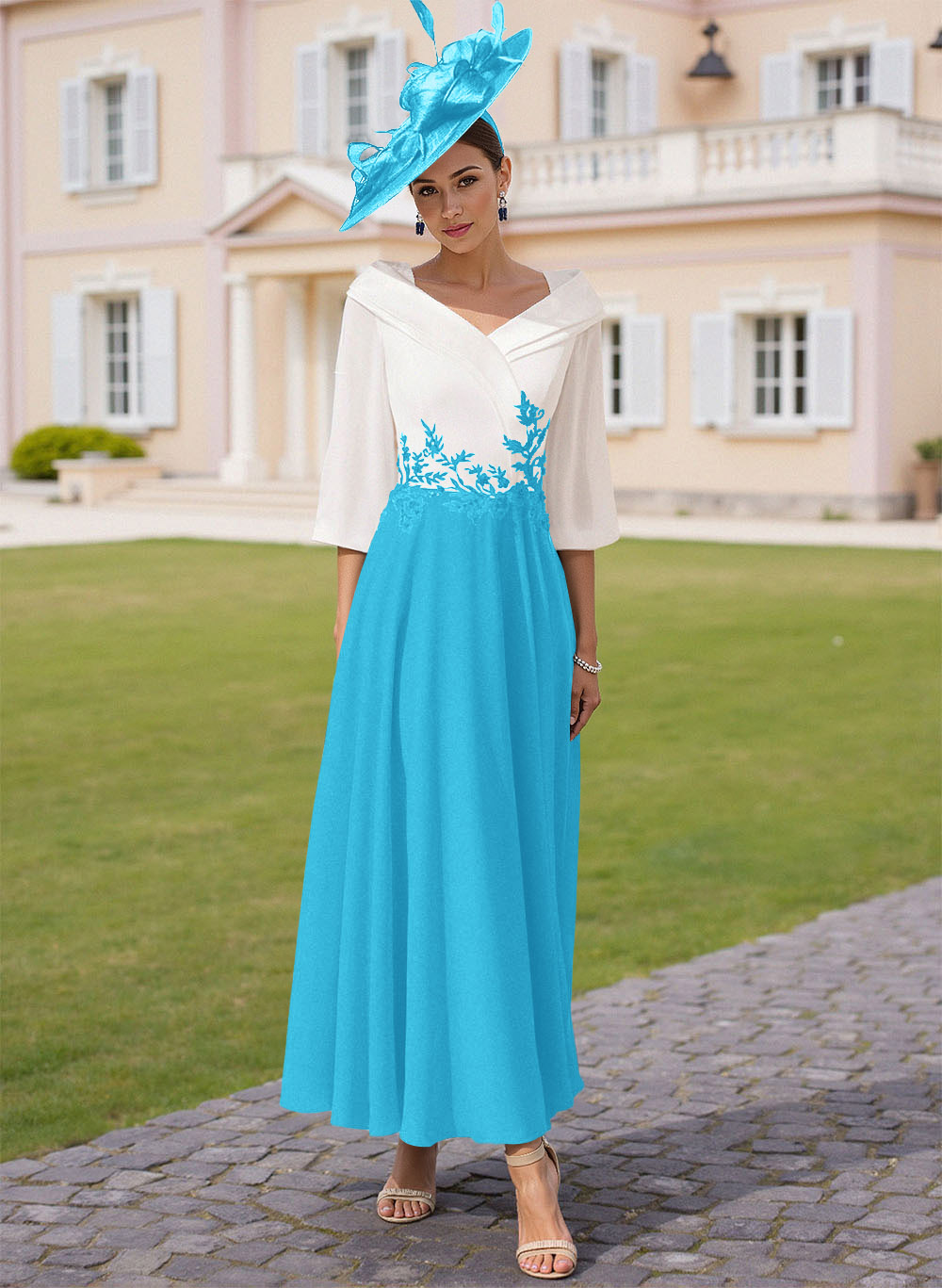 A-Line V-Neck 3/4 Sleeves Chiffon Mother Of The Bride Dresses With Sequins Appliques Lace