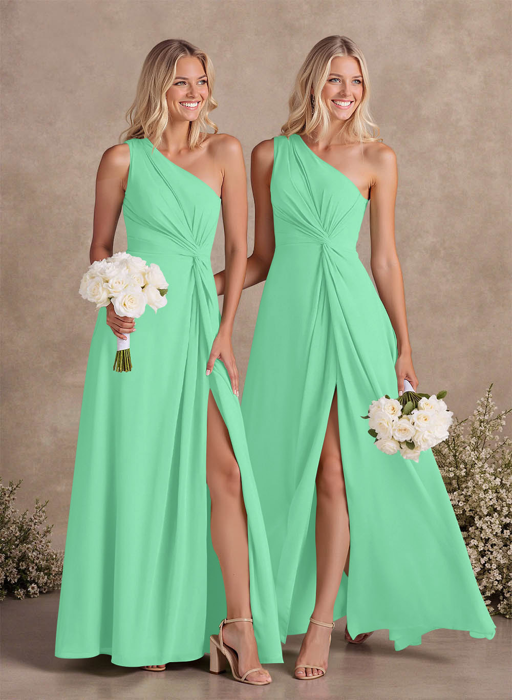 Modest One-Shoulder Sleeveless Chiffon Bridesmaid Dresses With Twisted Knot, product image 47