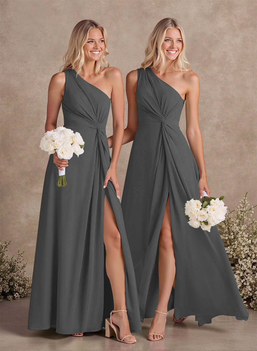 Modest One-Shoulder Sleeveless Chiffon Bridesmaid Dresses With Twisted Knot, product image 23