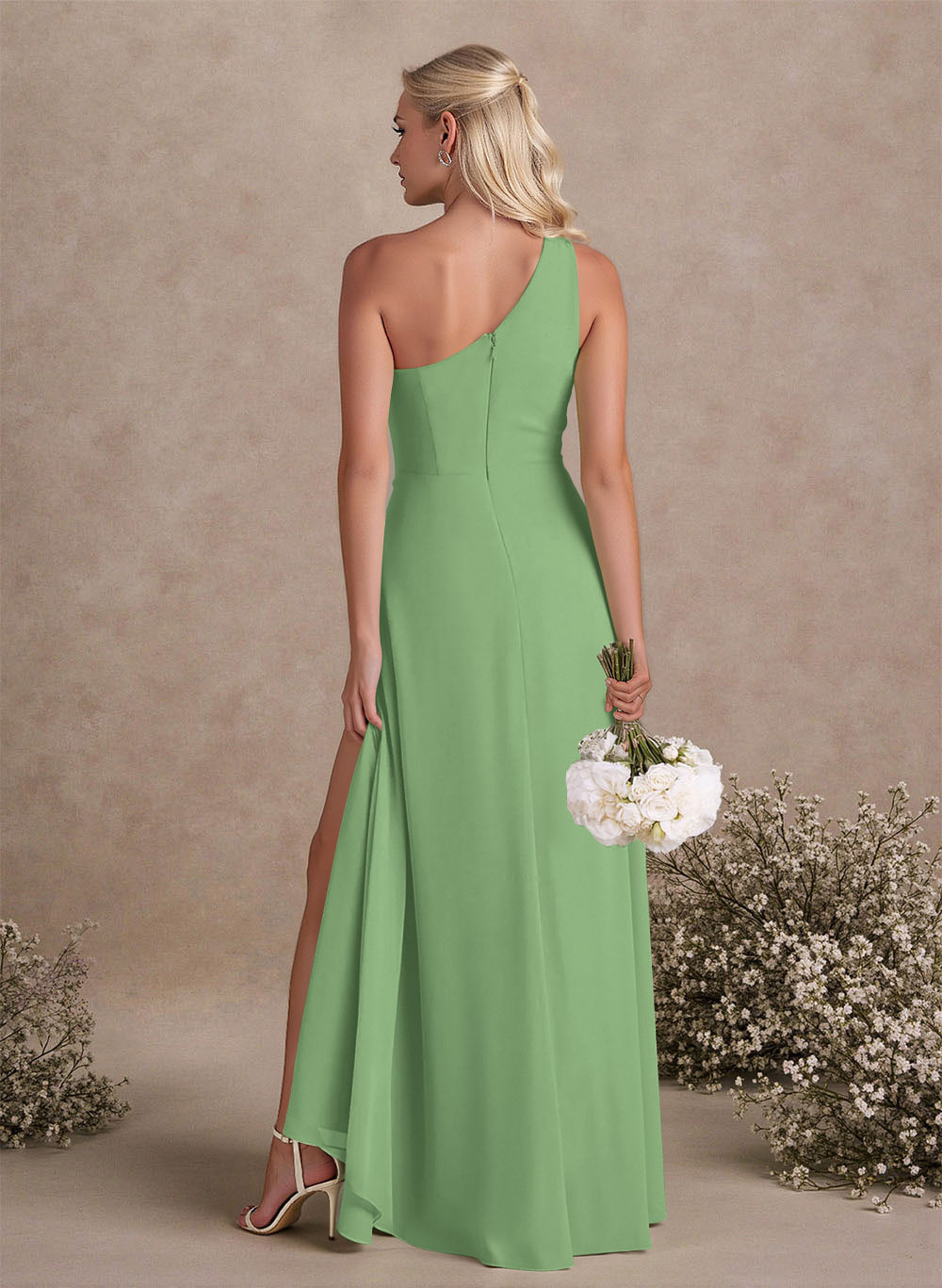 Modest One-Shoulder Sleeveless Chiffon Bridesmaid Dresses With Twisted Knot, product image 8
