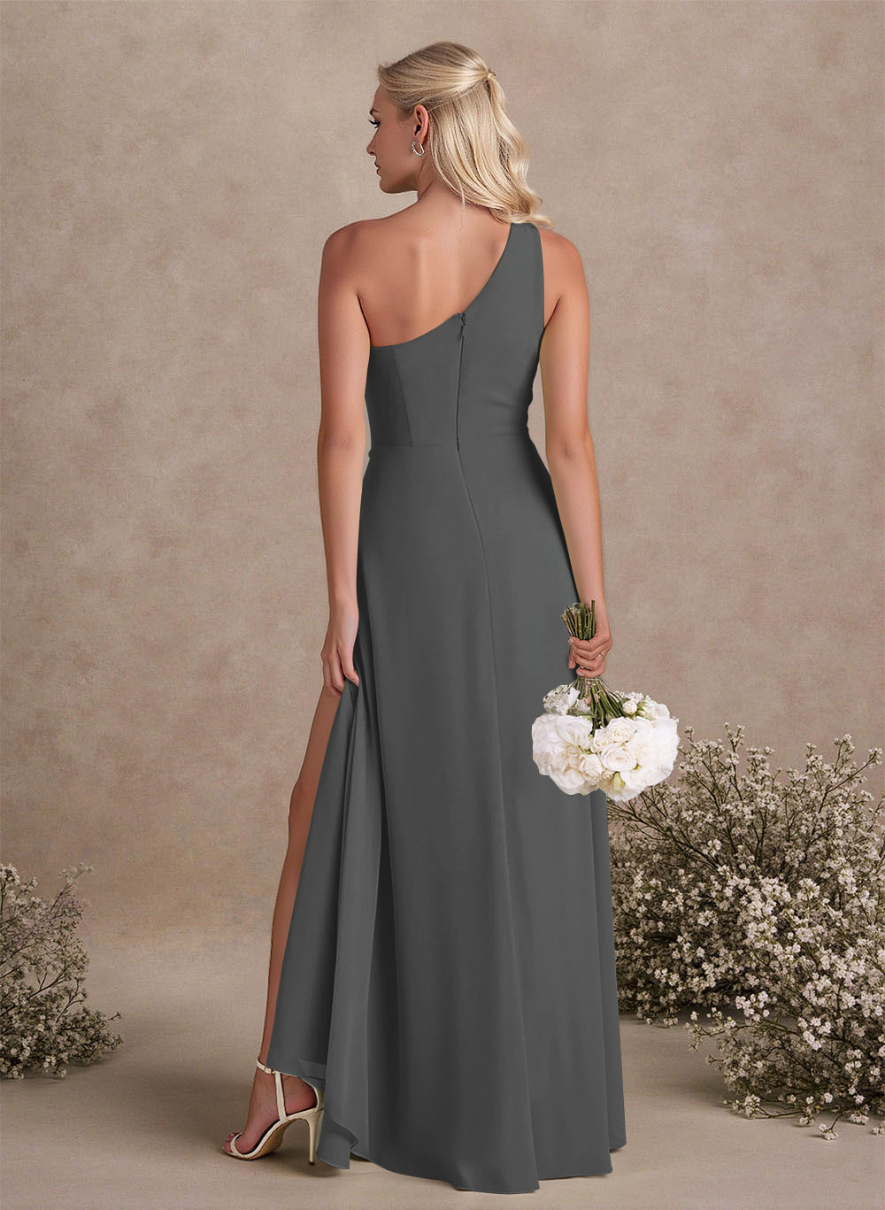 Modest One-Shoulder Sleeveless Chiffon Bridesmaid Dresses With Twisted Knot, product image 24